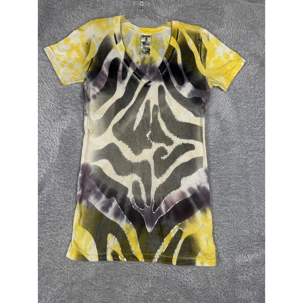 Sugar & Rox T-Shirt Womens Large Yellow Zebra Tie Dye V-Neck Metallic Y2K Top